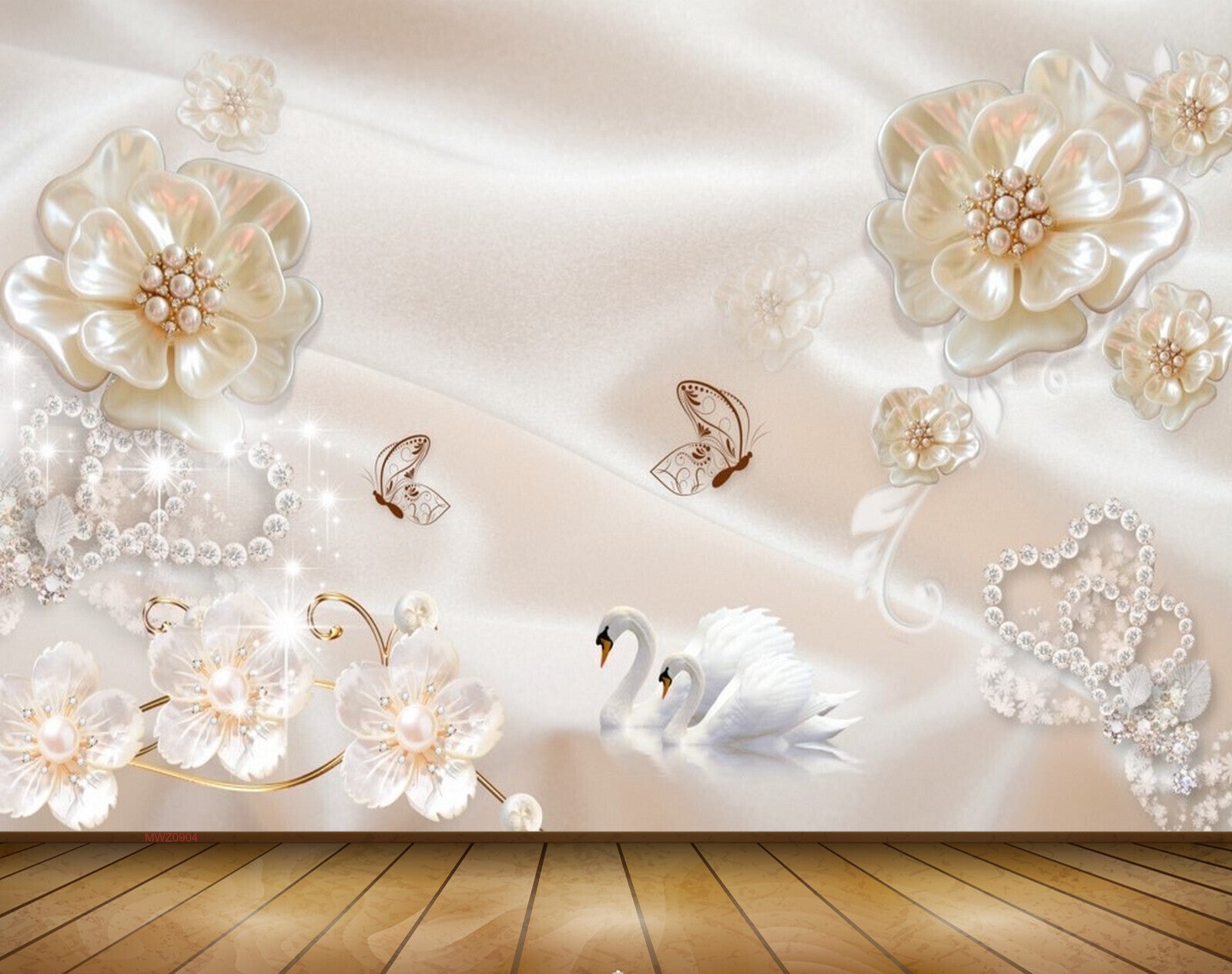 Avikalp MWZ0904 White Flowers Swans Butterflies 3D HD Wallpaper