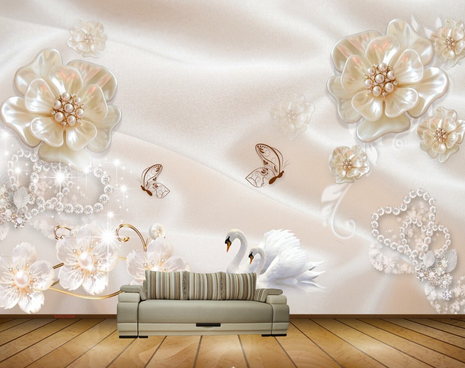 Avikalp MWZ0904 White Flowers Swans Butterflies 3D HD Wallpaper