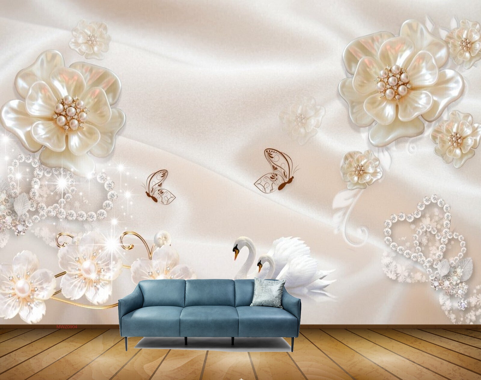 Avikalp MWZ0904 White Flowers Swans Butterflies 3D HD Wallpaper