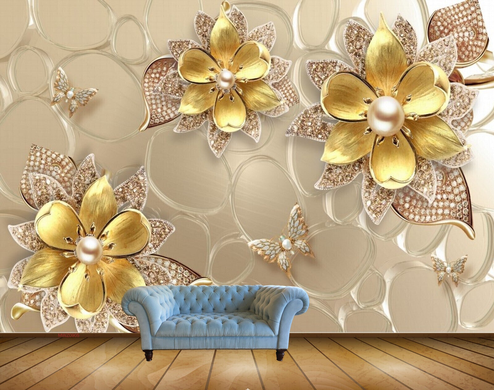 Avikalp MWZ0905 Golden Flowers Butterflies HD Wallpaper