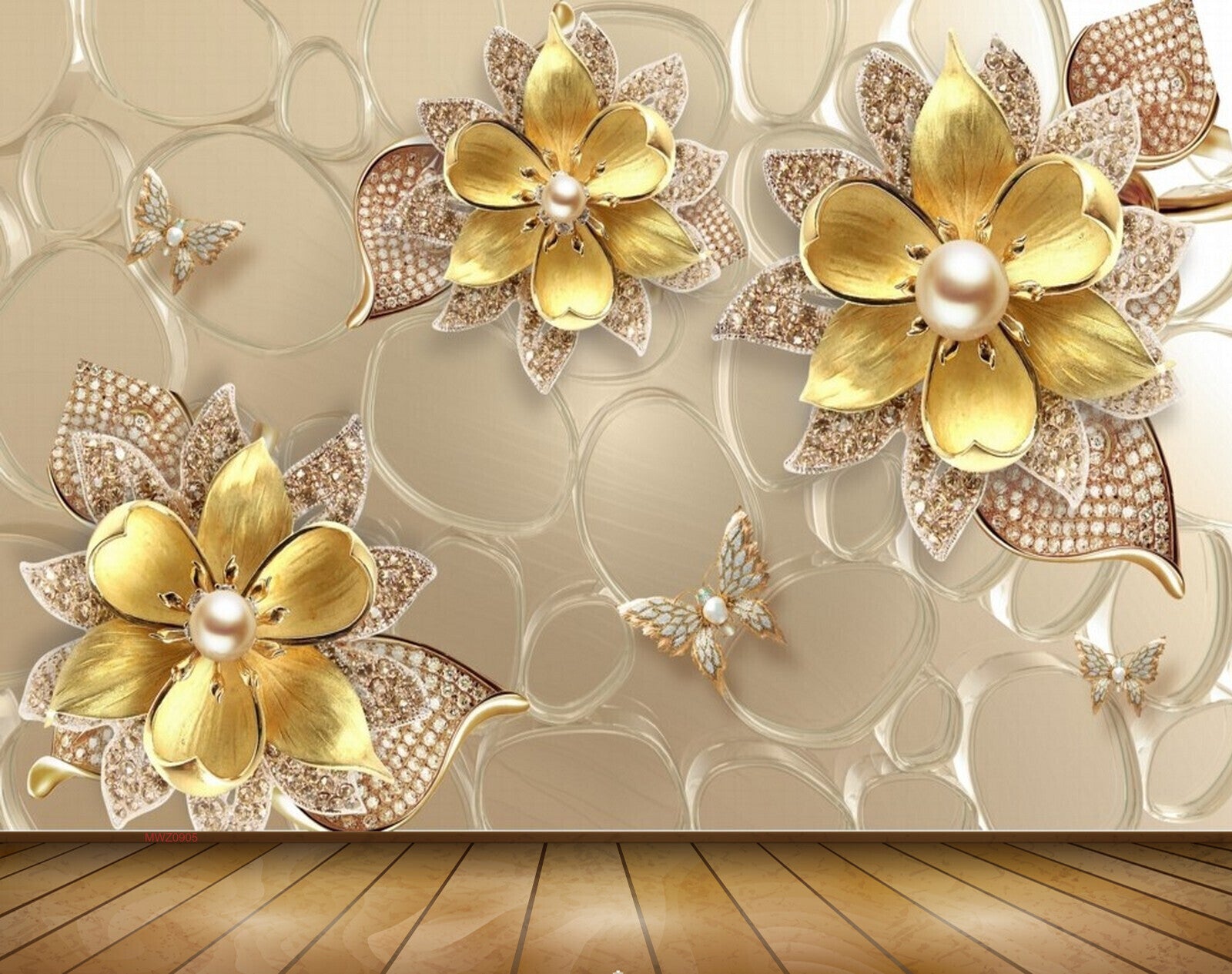 Avikalp MWZ0905 Golden Flowers Butterflies 3D HD Wallpaper