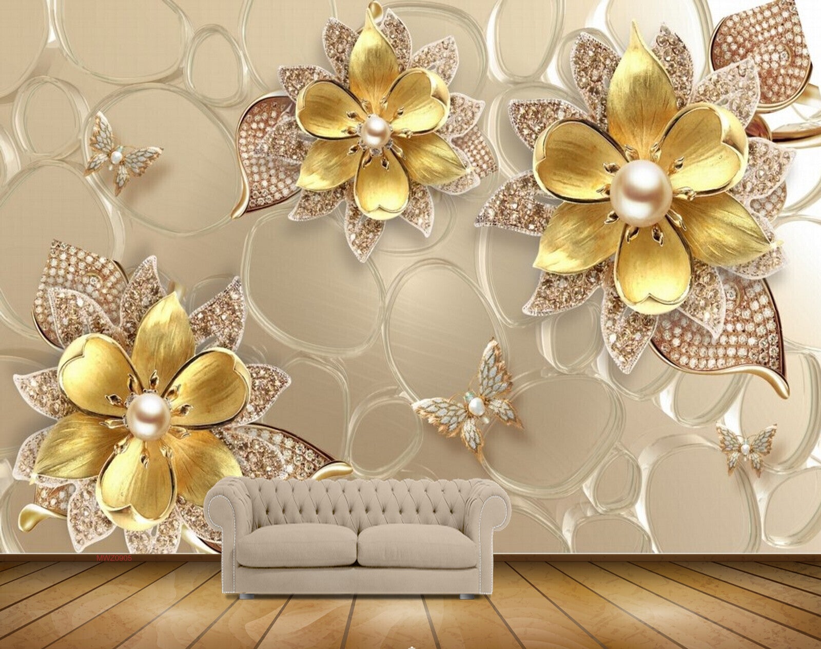 Avikalp MWZ0905 Golden Flowers Butterflies 3D HD Wallpaper