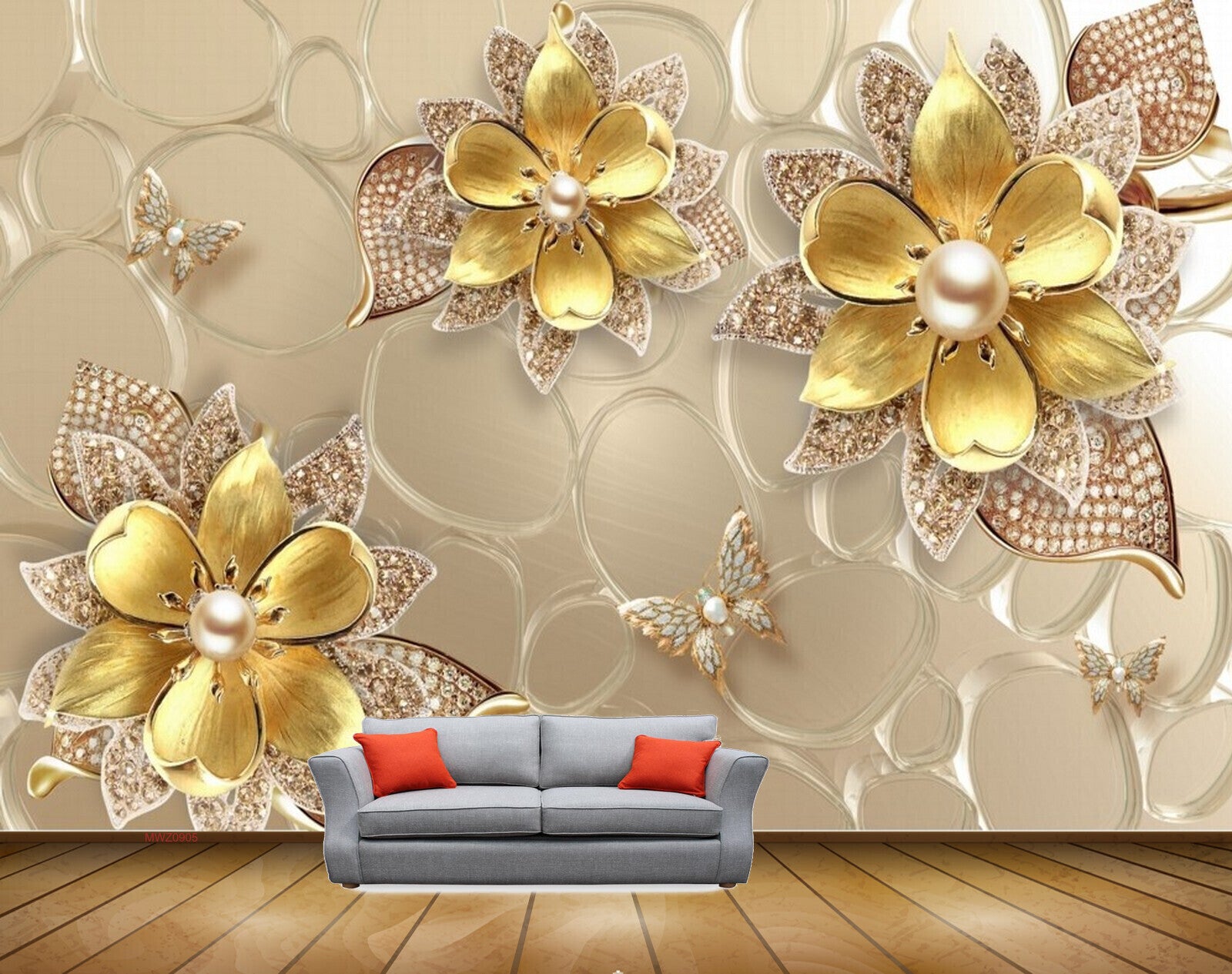 Avikalp MWZ0905 Golden Flowers Butterflies 3D HD Wallpaper