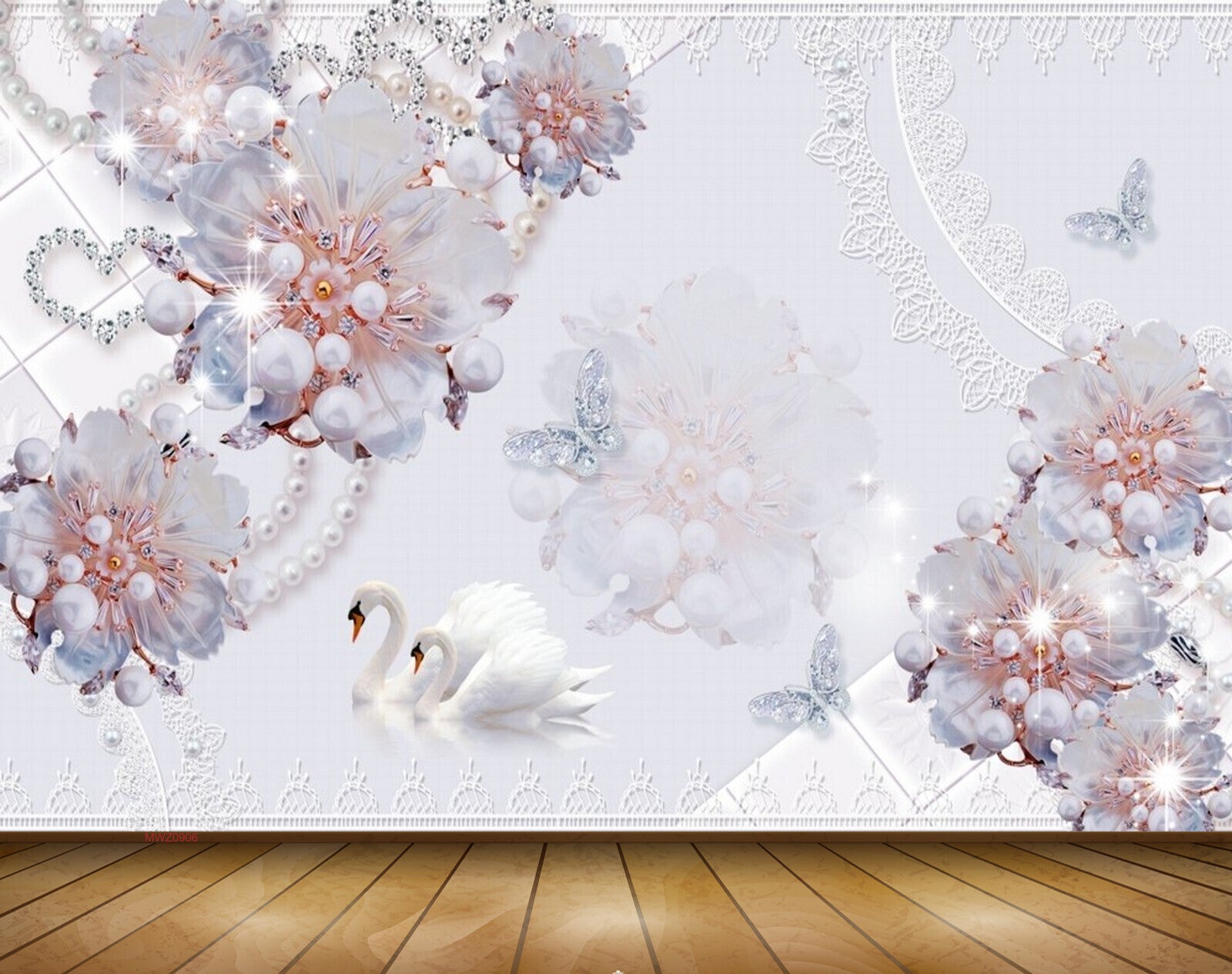 Avikalp MWZ0906 White Flowers Butterflies Swans 3D HD Wallpaper