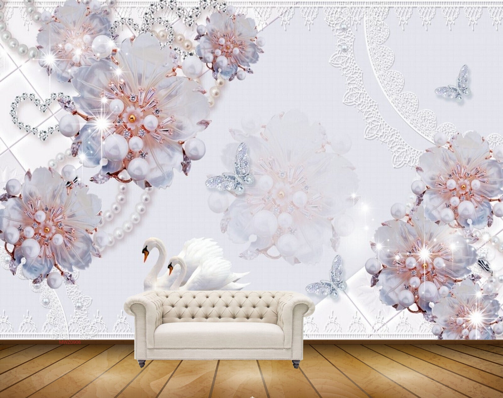 Avikalp MWZ0906 White Flowers Butterflies Swans 3D HD Wallpaper