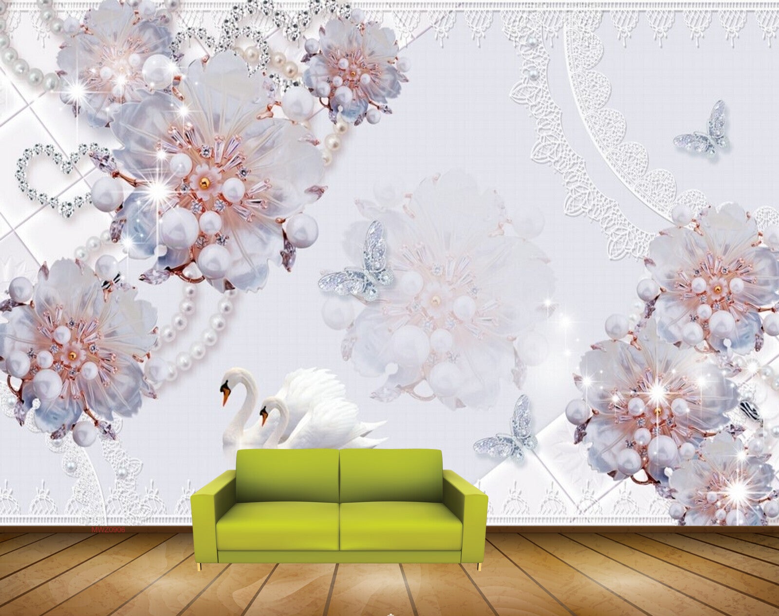 Avikalp MWZ0906 White Flowers Butterflies Swans 3D HD Wallpaper