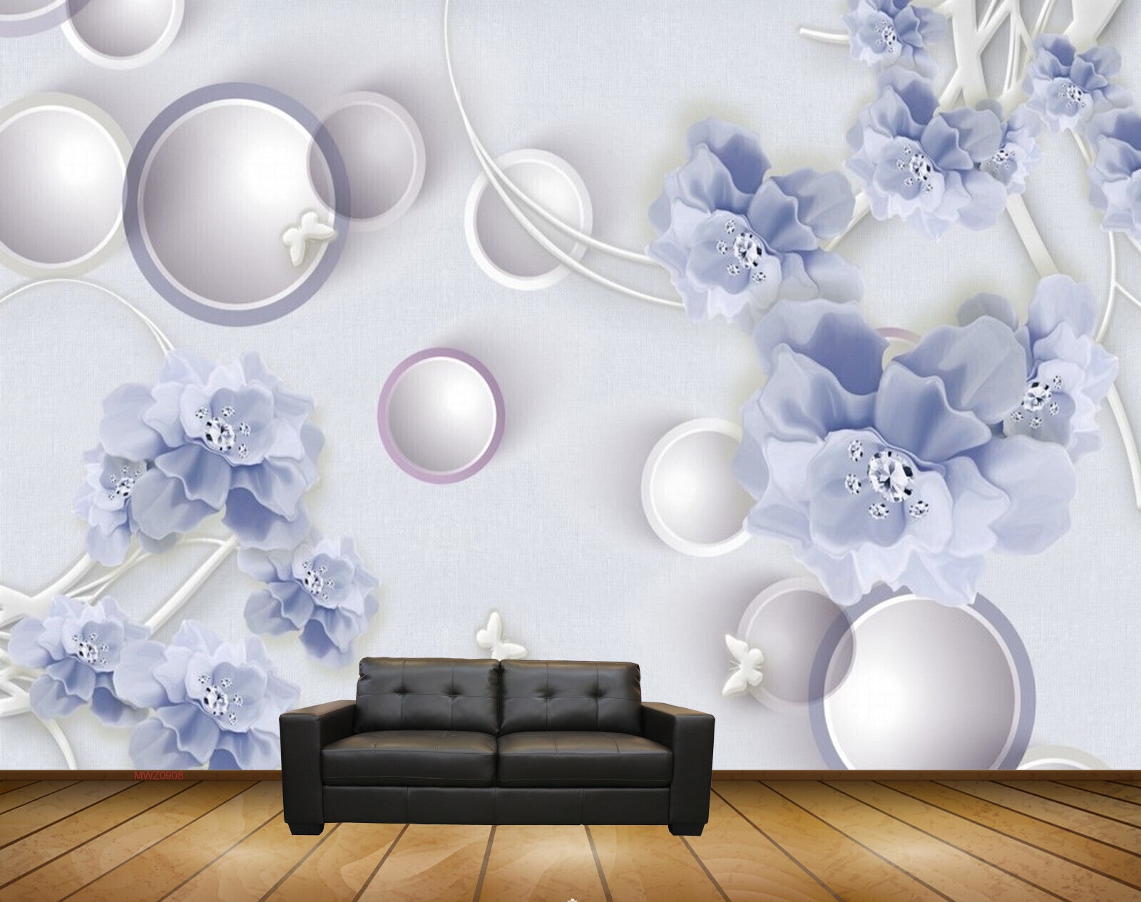 Avikalp MWZ0908 White Blue Flowers Butterflies 3D HD Wallpaper