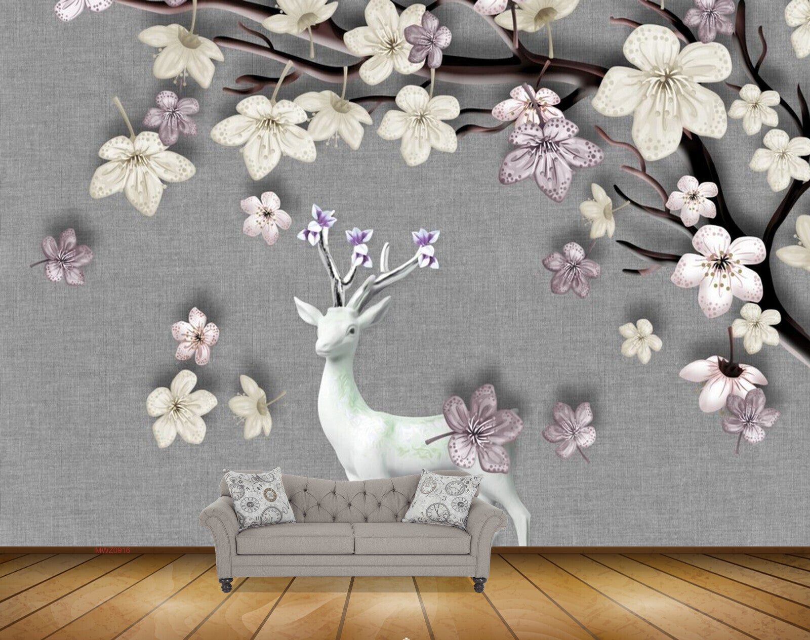 Avikalp MWZ0916 White Purple Flowers Deer HD Wallpaper