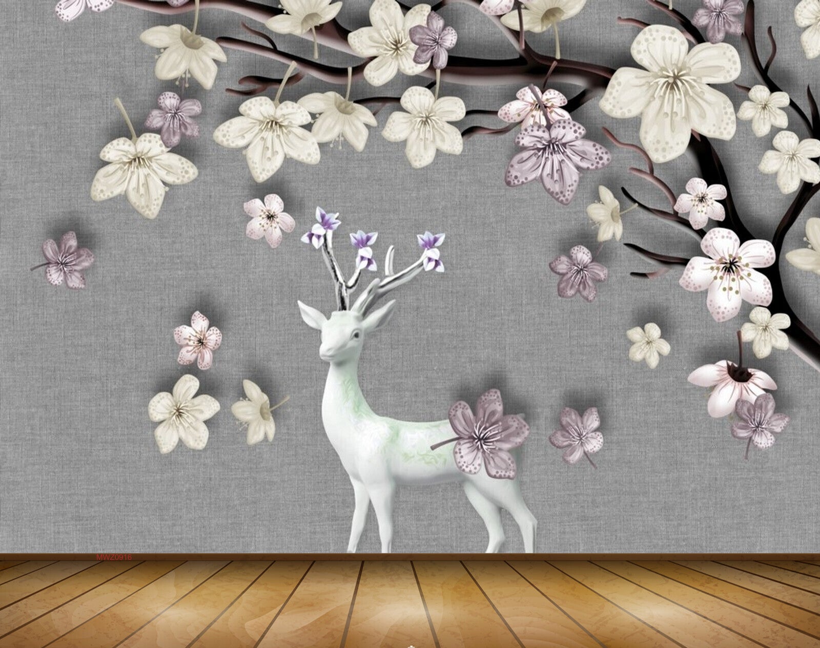 Avikalp MWZ0916 White Purple Flowers Deer 3D HD Wallpaper