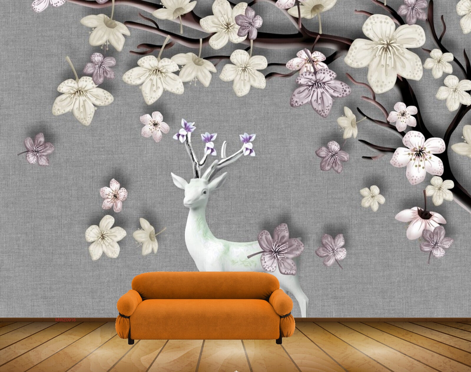 Avikalp MWZ0916 White Purple Flowers Deer 3D HD Wallpaper