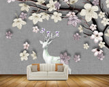 Avikalp MWZ0916 White Purple Flowers Deer 3D HD Wallpaper