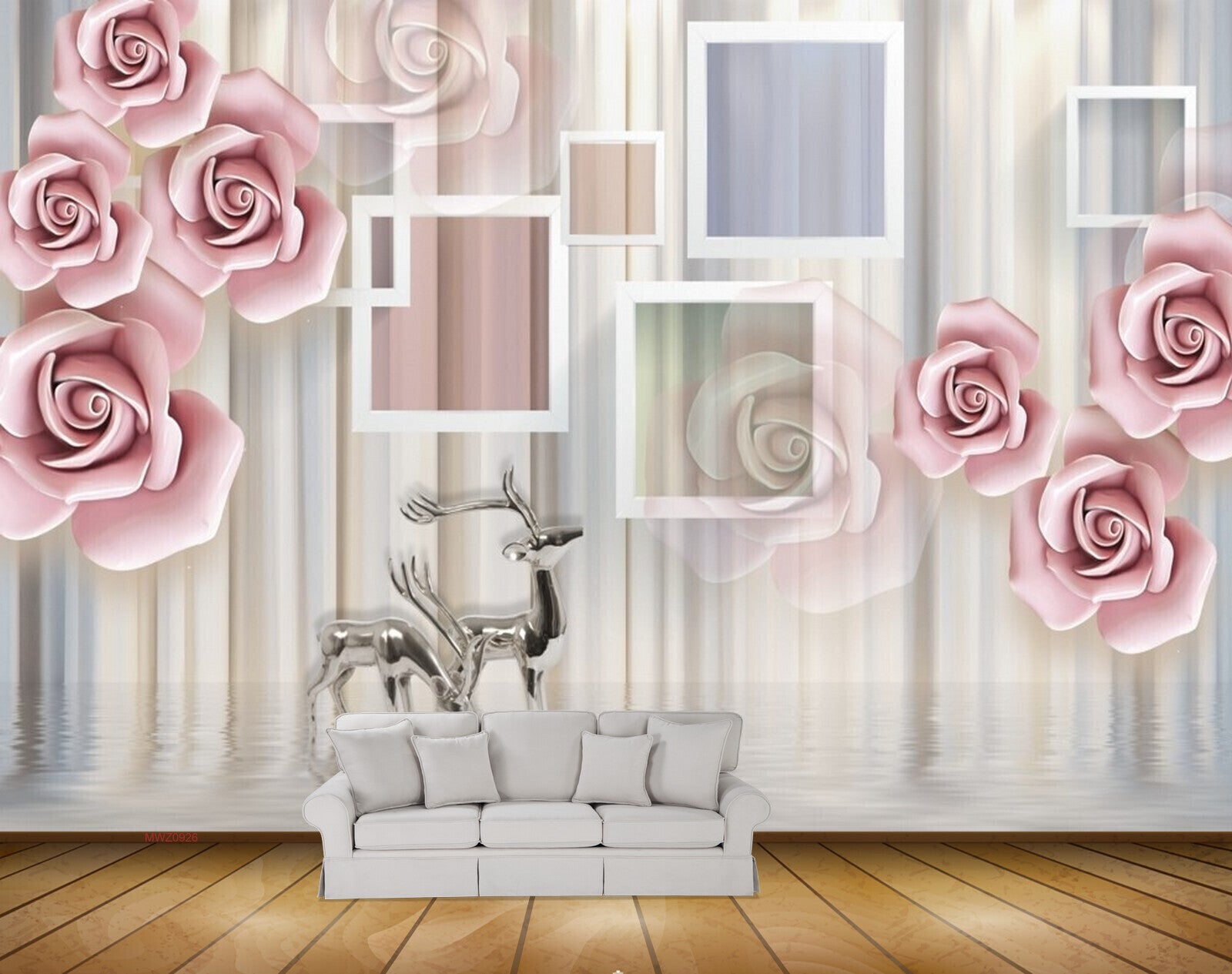 Avikalp MWZ0926 Pink White Flowers Deers 3D HD Wallpaper