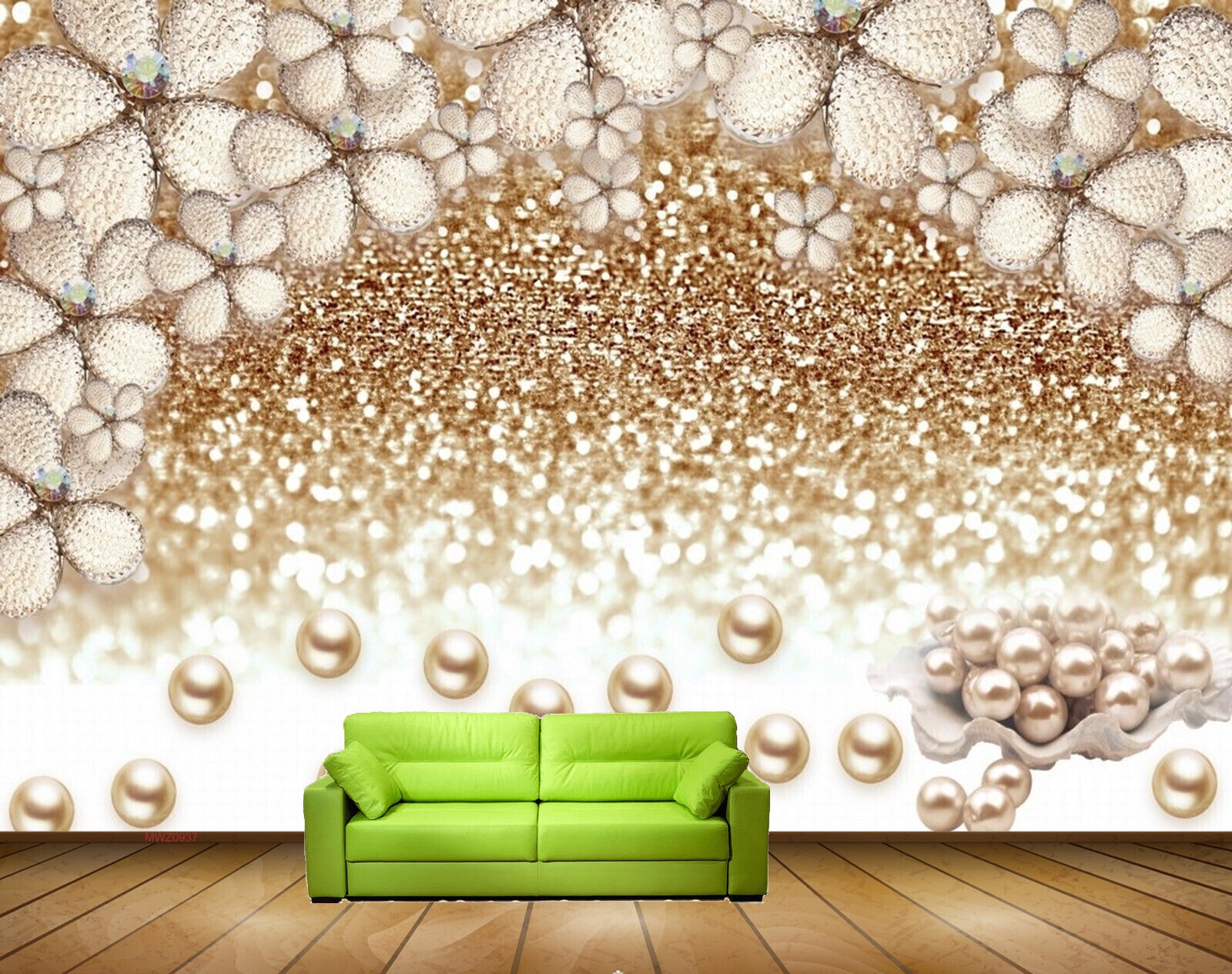 Avikalp MWZ0937 White Golden Pearls Flowers 3D HD Wallpaper