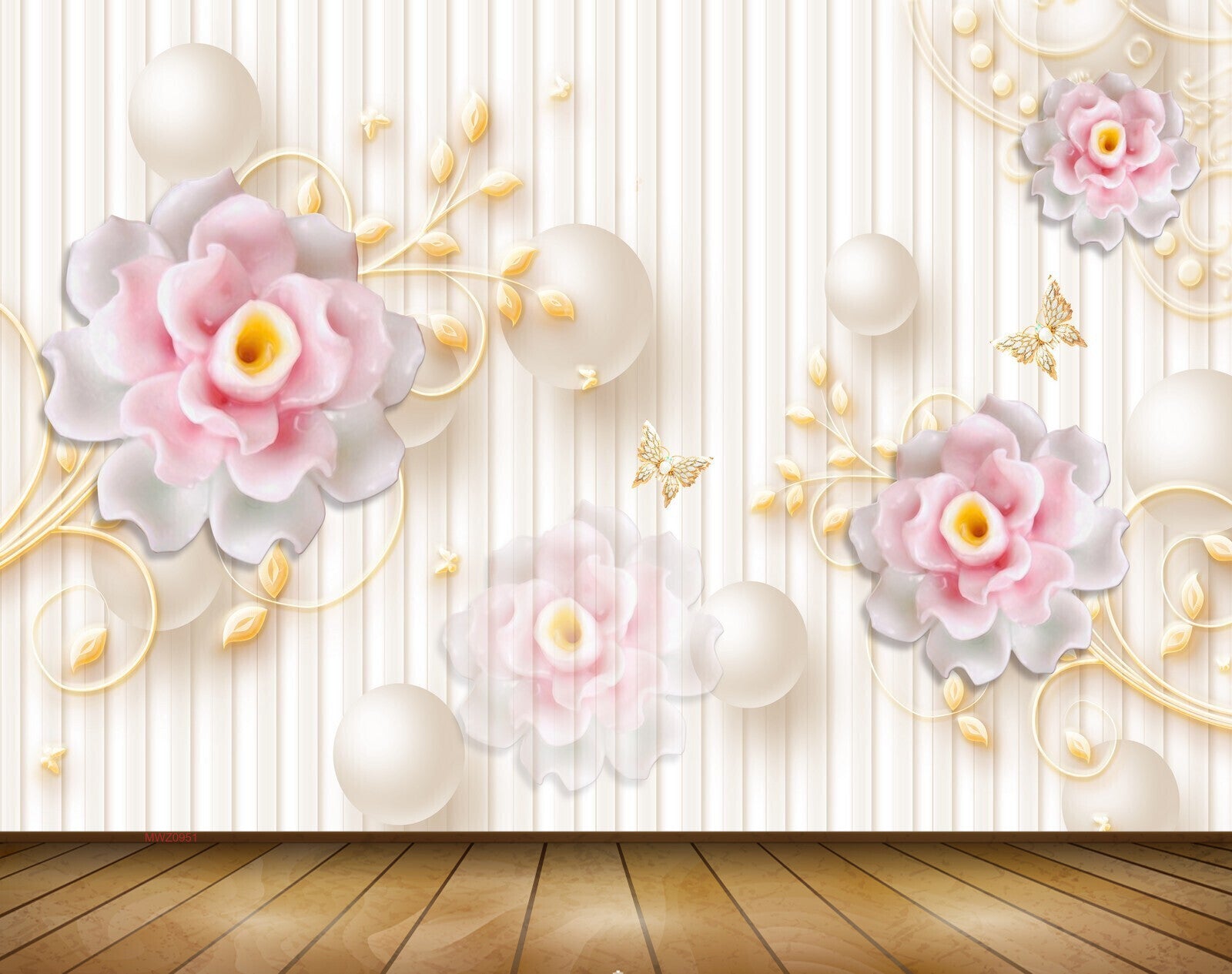 Avikalp MWZ0951 White Pink Flowers Butterflies 3D HD Wallpaper