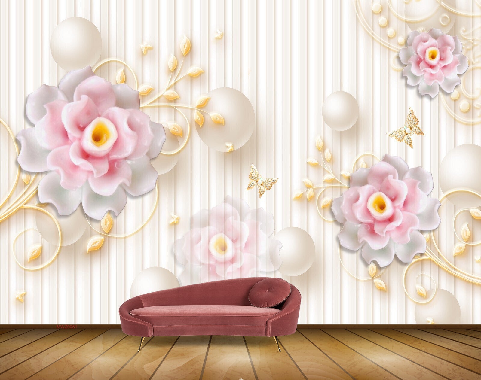 Avikalp MWZ0951 White Pink Flowers Butterflies 3D HD Wallpaper