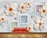 Avikalp MWZ0953 White Golden Flowers Butterflies 3D HD Wallpaper