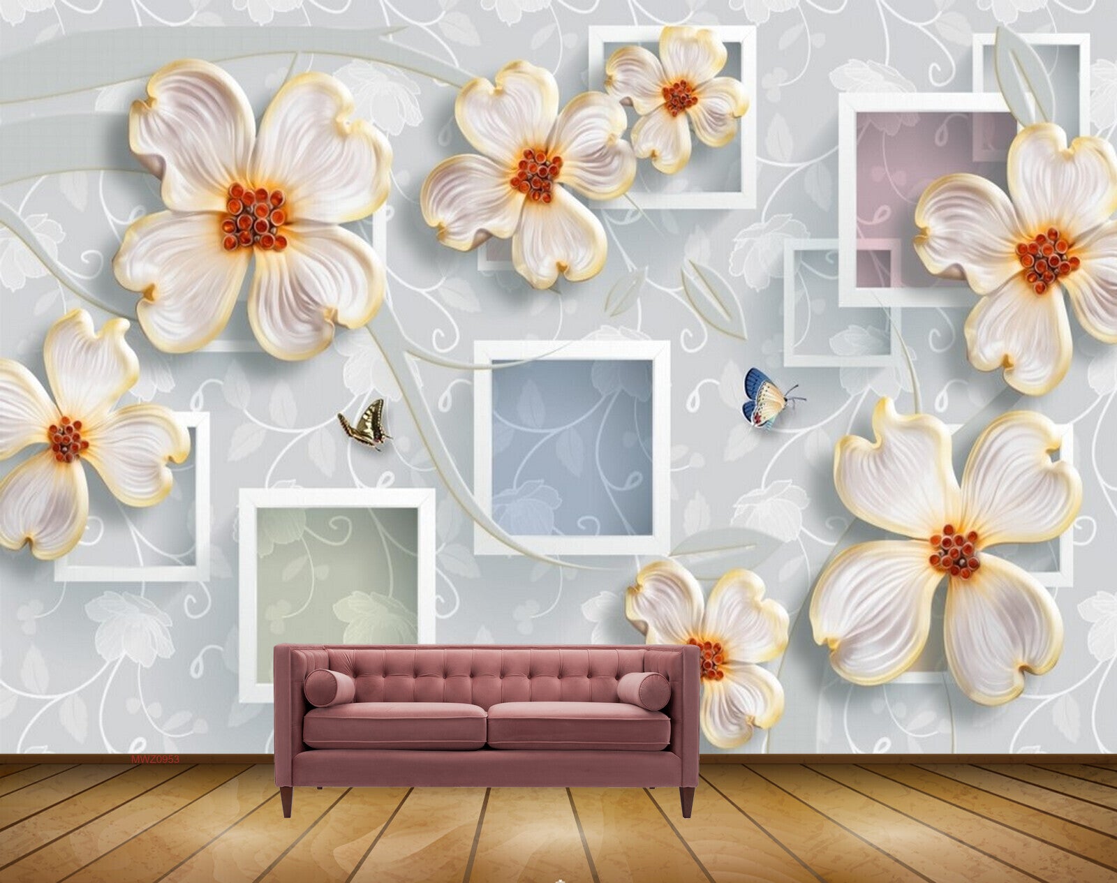 Avikalp MWZ0953 White Golden Flowers Butterflies 3D HD Wallpaper