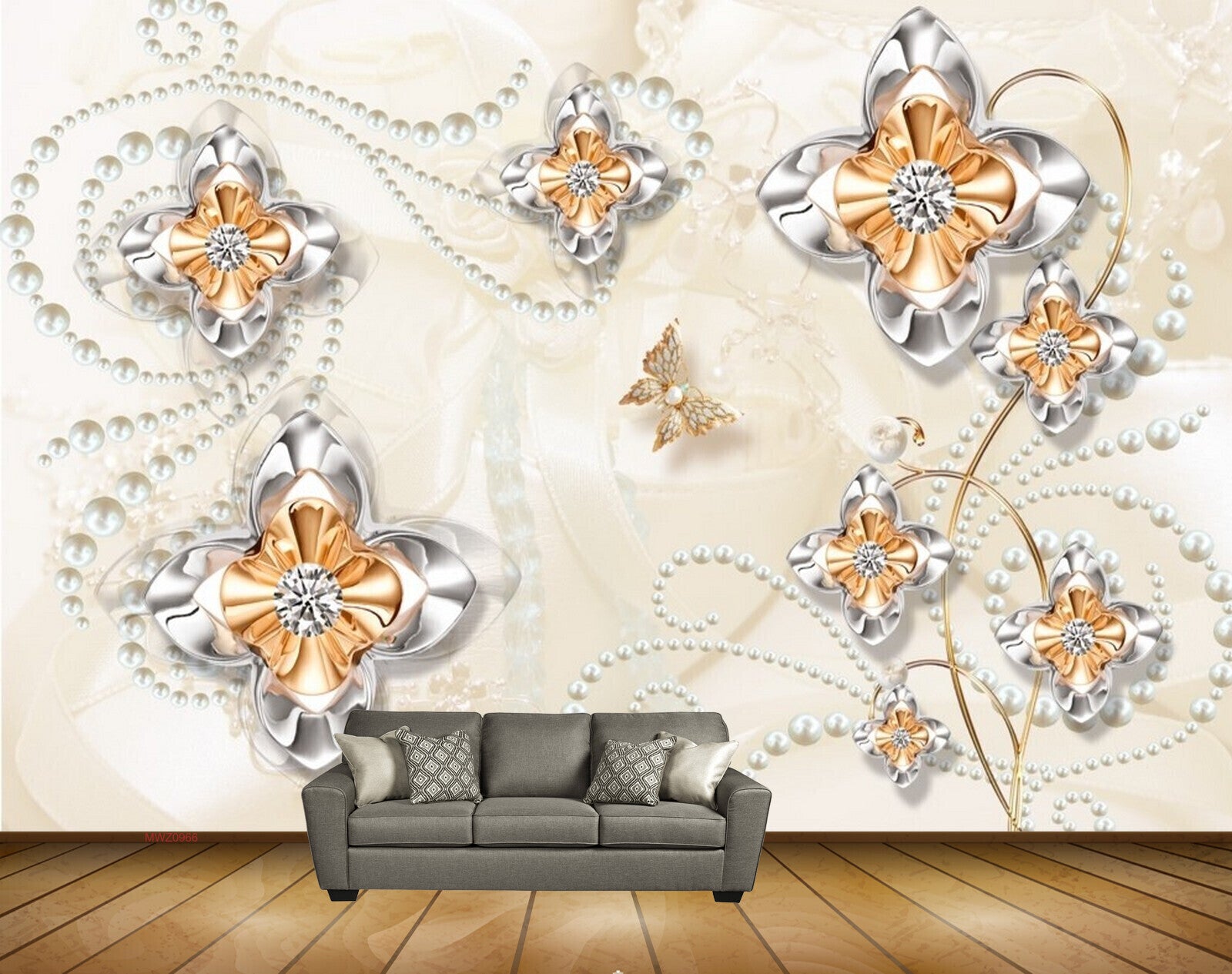 Avikalp MWZ0966 Silver Golden Flowers Butterflies HD Wallpaper