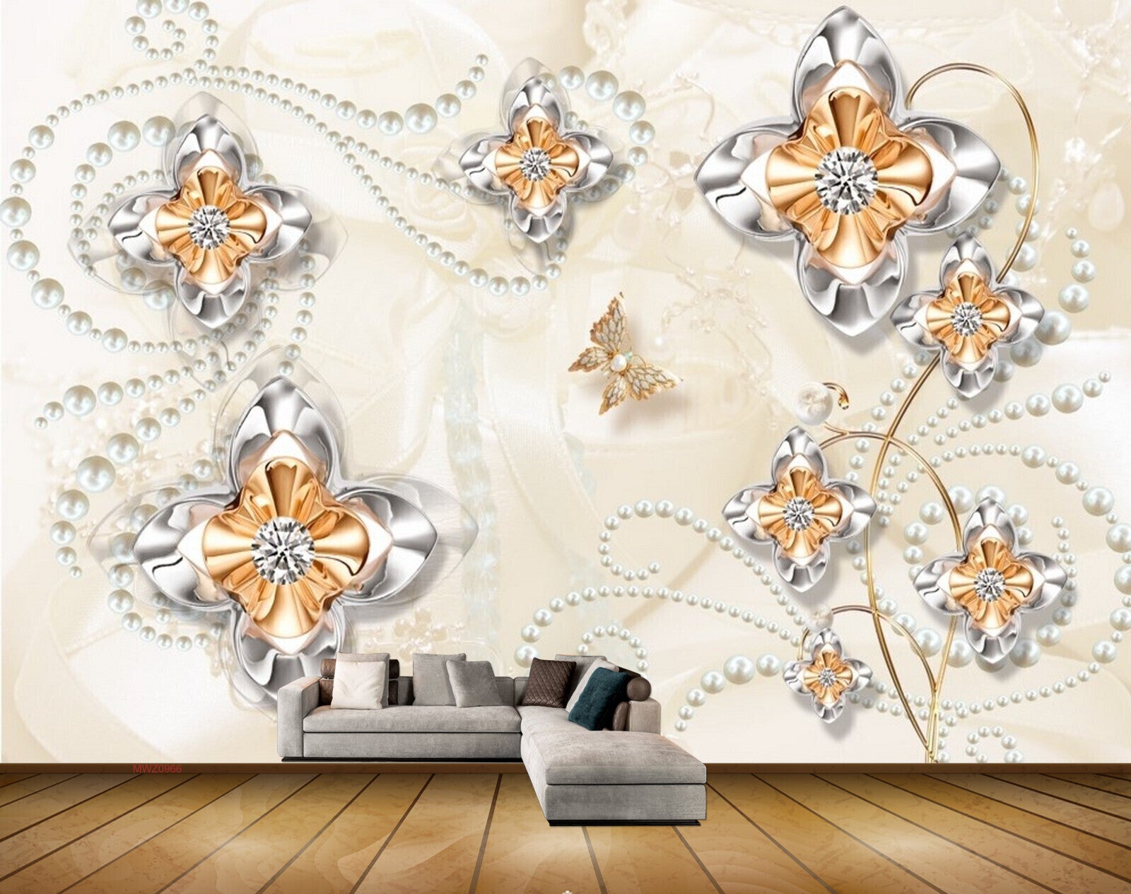 Avikalp MWZ0966 Silver Golden Flowers Butterflies 3D HD Wallpaper