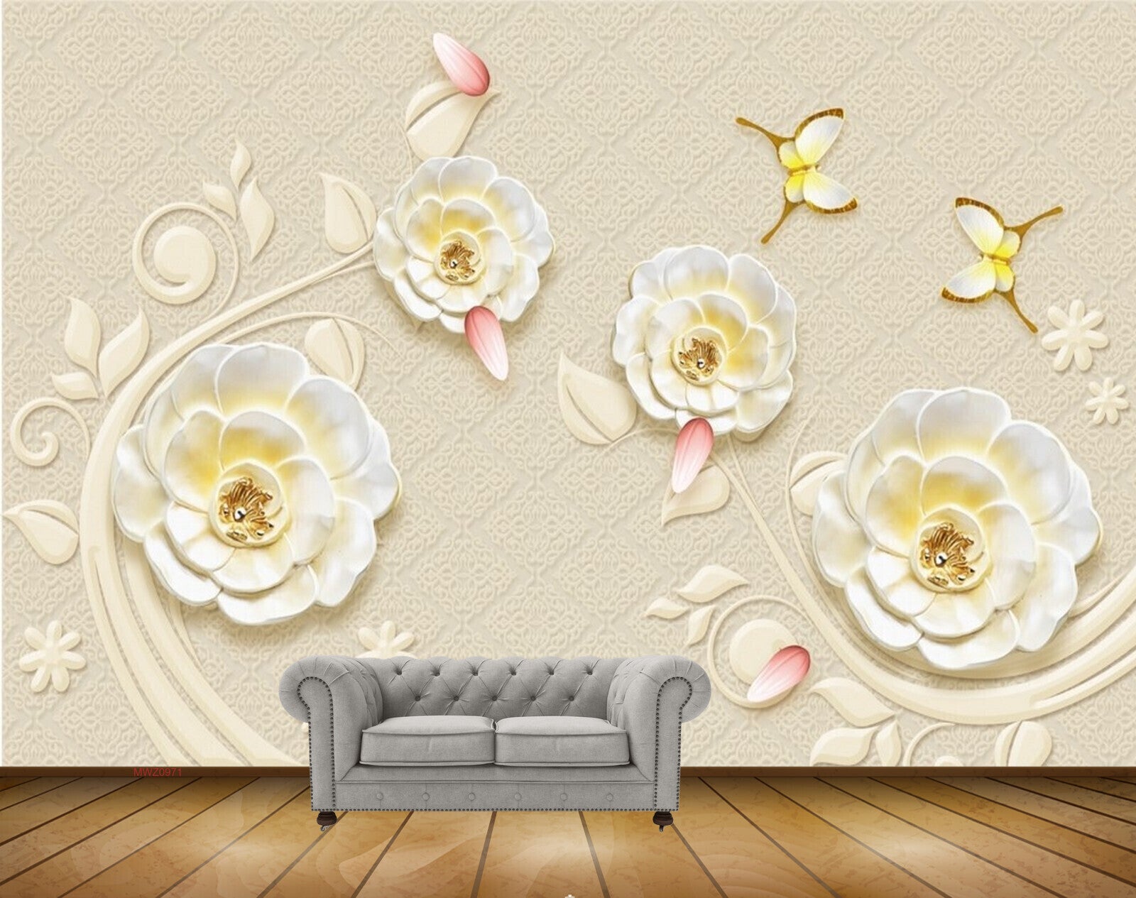 Avikalp MWZ0971 White Yellow Flowers Butterflies HD Wallpaper