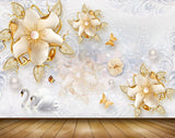 Avikalp MWZ0972 Golden White Flowers Butterflies 3D HD Wallpaper