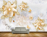 Avikalp MWZ0972 Golden White Flowers Butterflies 3D HD Wallpaper