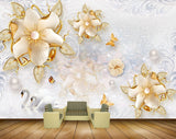 Avikalp MWZ0972 Golden White Flowers Butterflies 3D HD Wallpaper