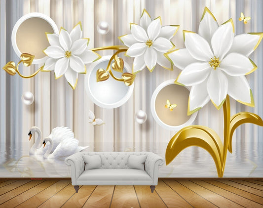 Avikalp MWZ1024 White Flowers Leaves Pearls Butterflies Swans HD Wallpaper