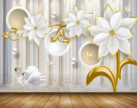 Avikalp MWZ1024 White Flowers Leaves Pearls Butterflies Swans 3D HD Wallpaper