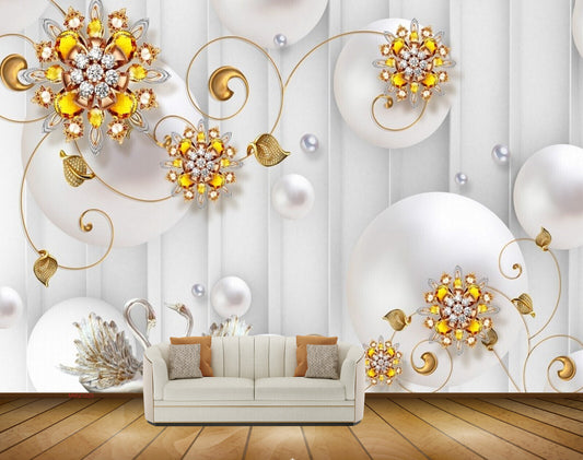 Avikalp MWZ1025 Golden Flowers Swans Pearls HD Wallpaper