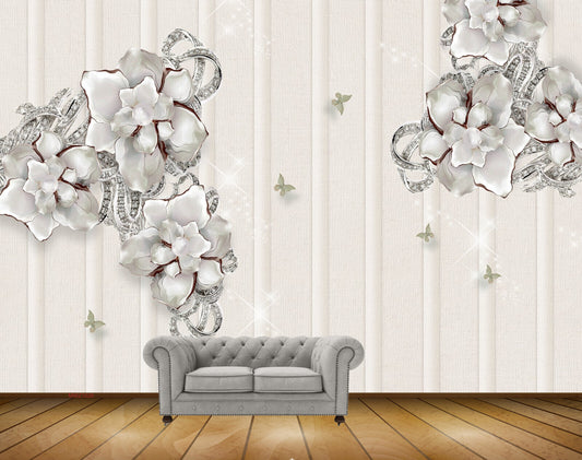 Avikalp MWZ1026 Silver Flowers Butterflies HD Wallpaper