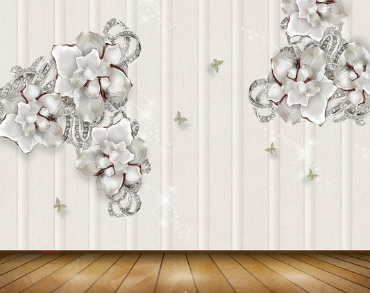 Avikalp MWZ1026 Silver Flowers Butterflies 3D HD Wallpaper