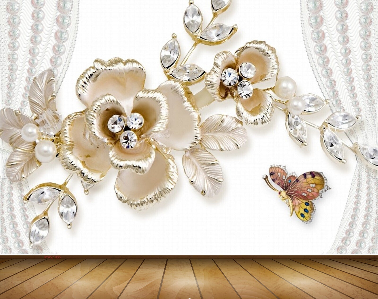 Avikalp MWZ1035 Golden Flowers Butterflies Pearls 3D HD Wallpaper