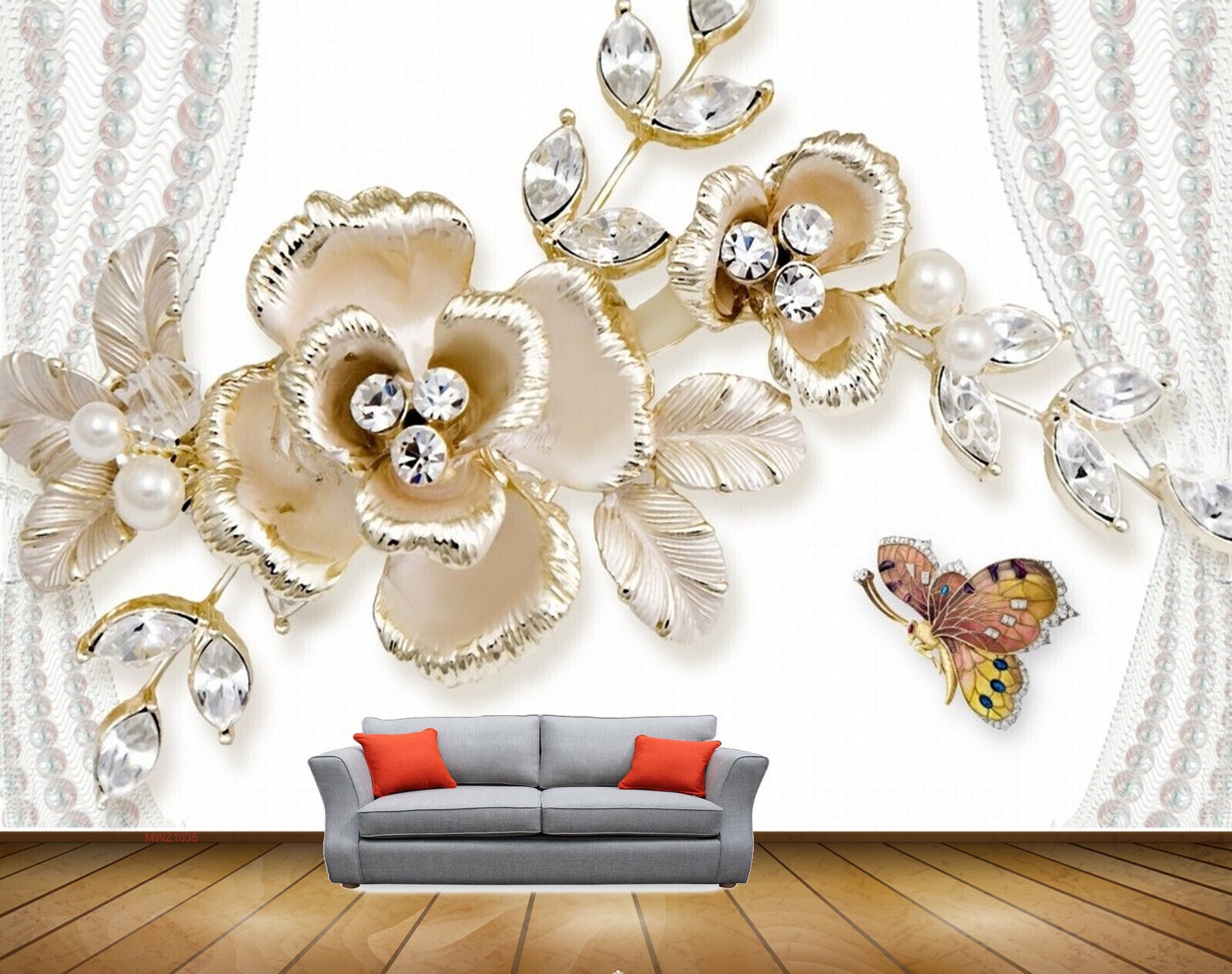 Avikalp MWZ1035 Golden Flowers Butterflies Pearls 3D HD Wallpaper