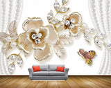 Avikalp MWZ1035 Golden Flowers Butterflies Pearls 3D HD Wallpaper