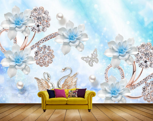 Avikalp MWZ1038 Blue Flowers Swans Butterfies Pearls HD Wallpaper