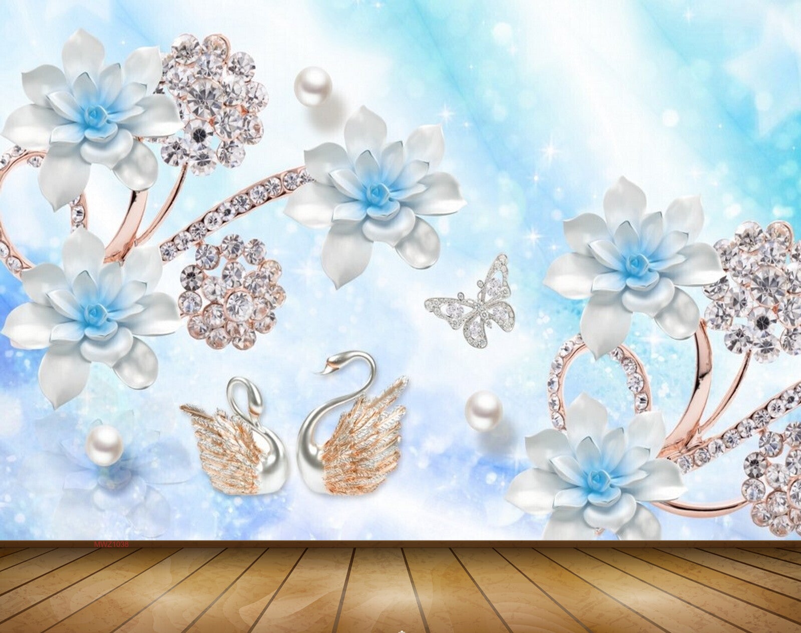 Avikalp MWZ1038 Blue Flowers Swans Butterfies Pearls 3D HD Wallpaper