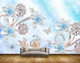 Avikalp MWZ1038 Blue Flowers Swans Butterfies Pearls 3D HD Wallpaper