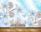 Avikalp MWZ1038 Blue Flowers Swans Butterfies Pearls 3D HD Wallpaper