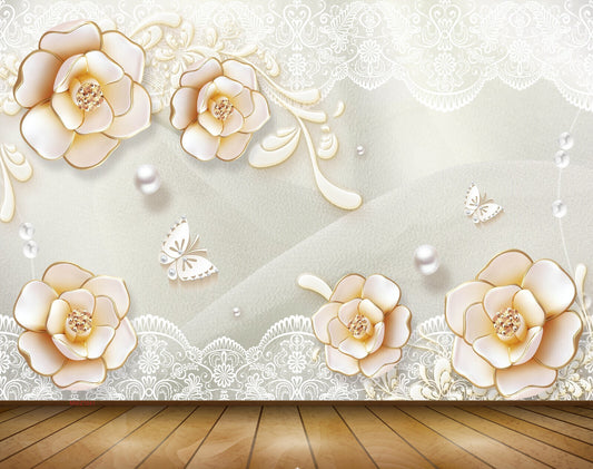 Avikalp MWZ1041 Orange white Flowers Butterflies Pearls 3D HD Wallpaper