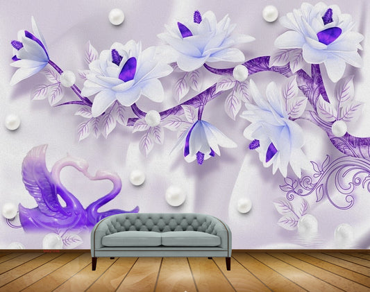 Avikalp MWZ1046 Blue White Flowers Swans Pearls HD Wallpaper