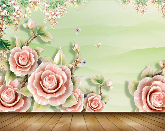 Avikalp MWZ1051 Pink Rose Flowers Butterflies Leaves 3D HD Wallpaper