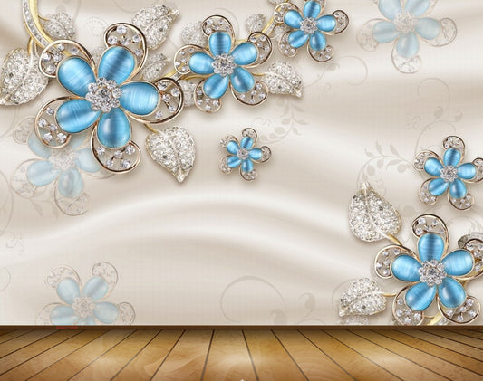 Avikalp MWZ1056 Blue Silver Flowers Leaves 3D HD Wallpaper