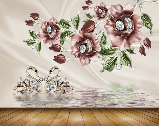 Avikalp MWZ1061 Brown Flowers Leaves Swans 3D HD Wallpaper