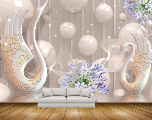 Avikalp MWZ1064 Swans Purple Flowers Pearls HD Wallpaper