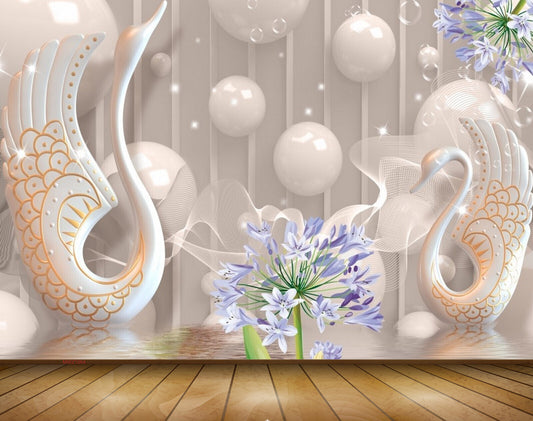 Avikalp MWZ1064 Swans Purple Flowers Pearls 3D HD Wallpaper