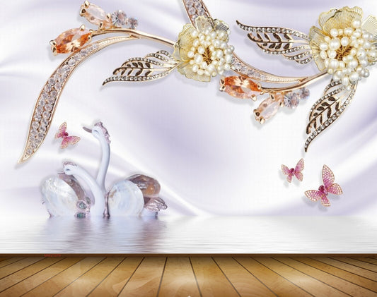 Avikalp MWZ1070 Golden Flowers Butteflies Swans 3D HD Wallpaper