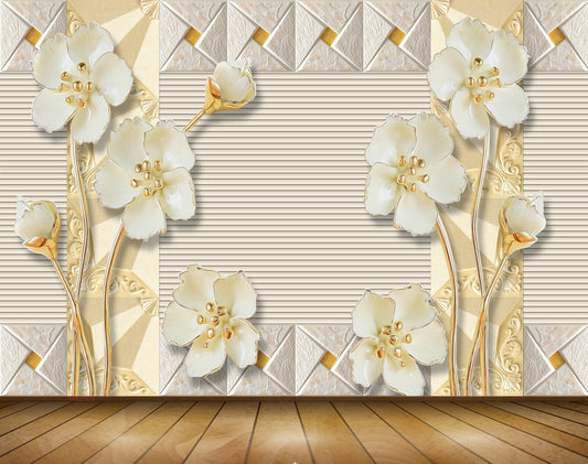 Avikalp MWZ1078 White Goldden Flowers 3D HD Wallpaper