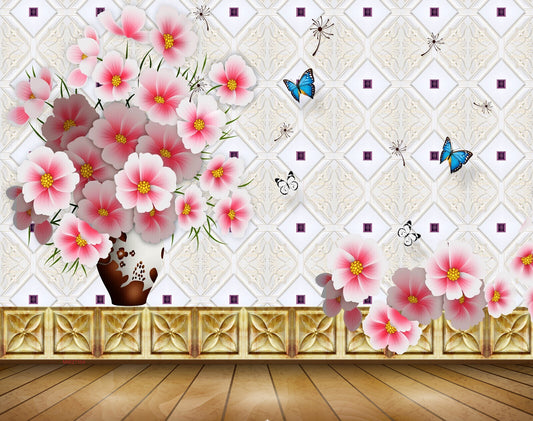 Avikalp MWZ1104 Pink White Flowers Butterflies 3D HD Wallpaper