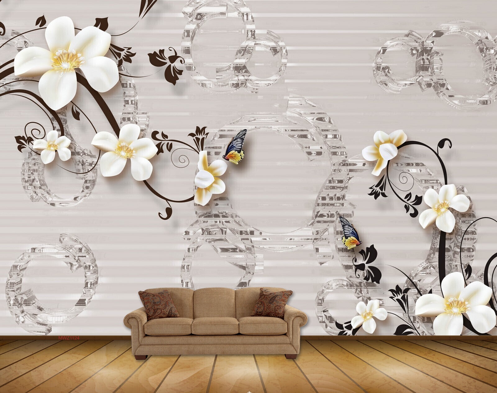 Avikalp MWZ1124 White Yellow Flowers Butterflies 3D HD Wallpaper